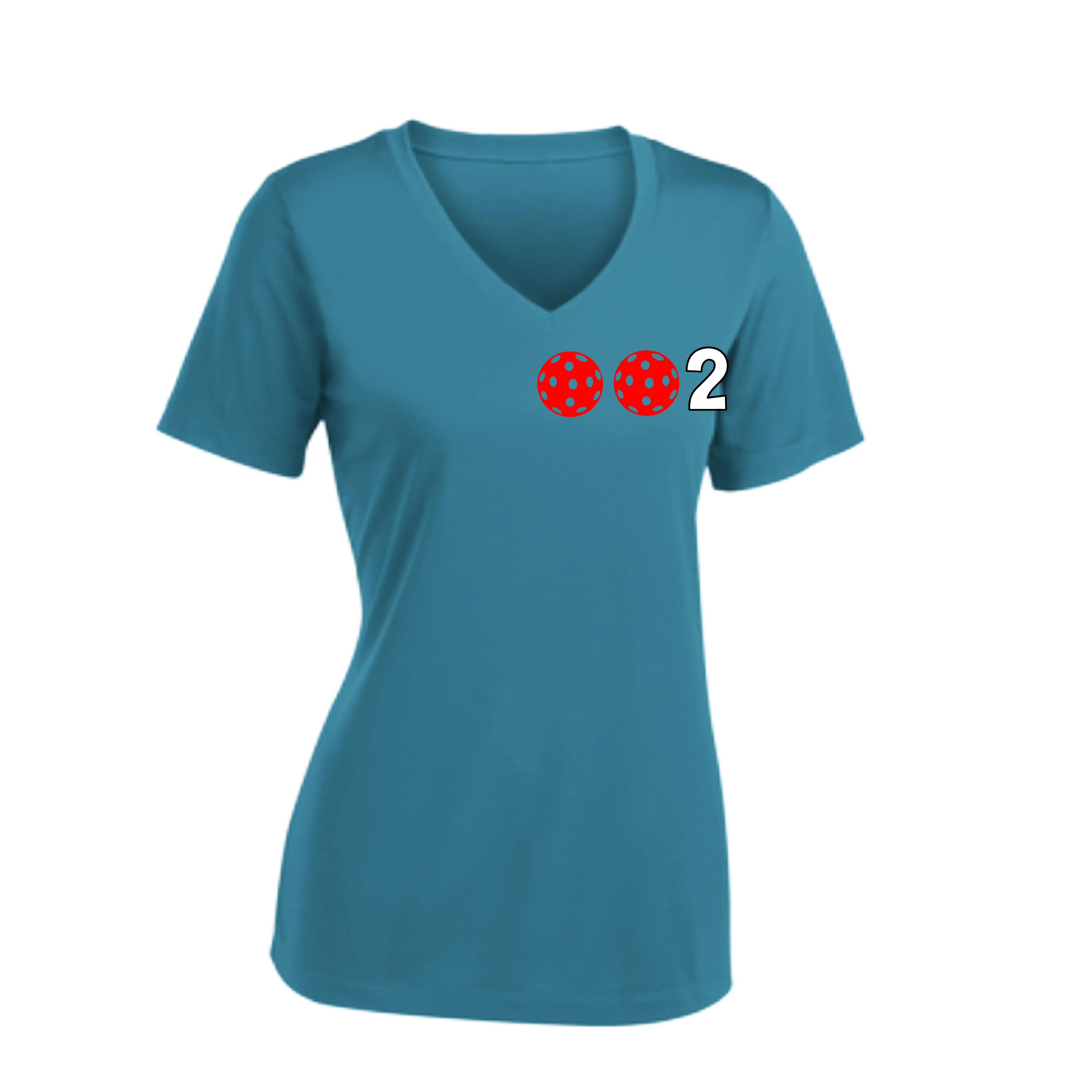 002 With Pickleballs (Colors Rainbow Red Cyan) Customizable | Women's Short Sleeve V-Neck Pickleball Shirts | 100% Polyester