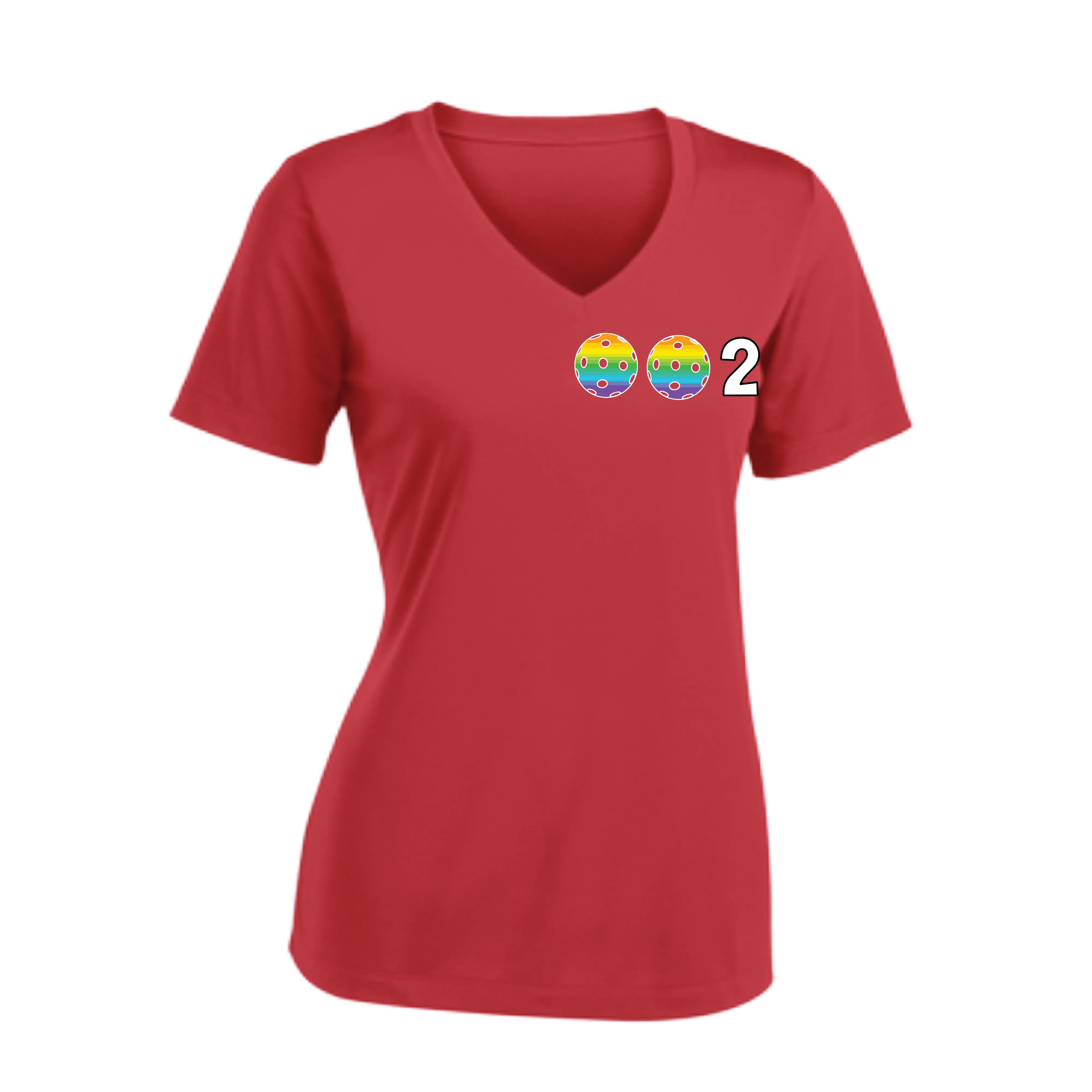 002 With Pickleballs (Colors Rainbow Red Cyan) Customizable | Women's Short Sleeve V-Neck Pickleball Shirts | 100% Polyester