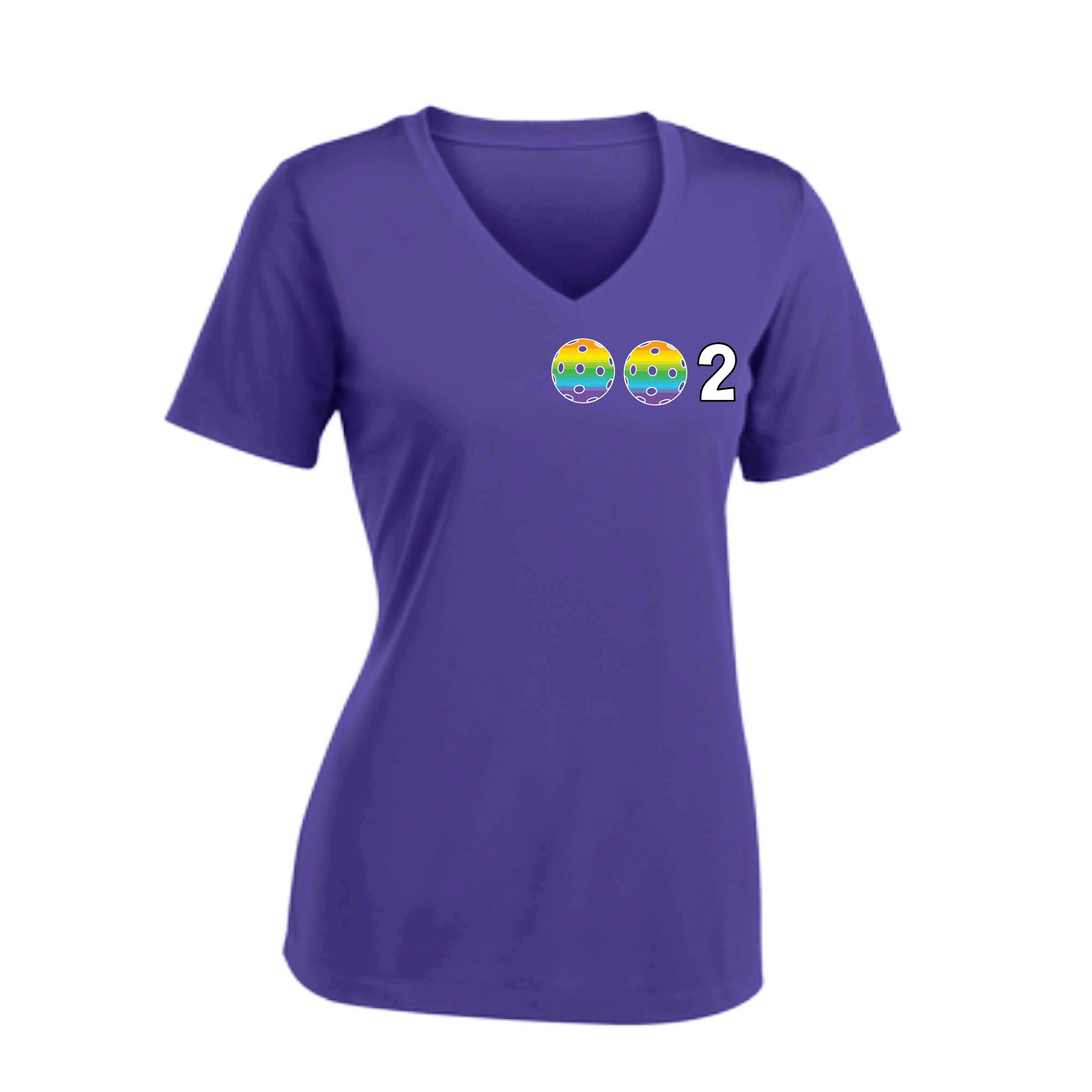 002 With Pickleballs (Colors Rainbow Red Cyan) Customizable | Women's Short Sleeve V-Neck Pickleball Shirts | 100% Polyester