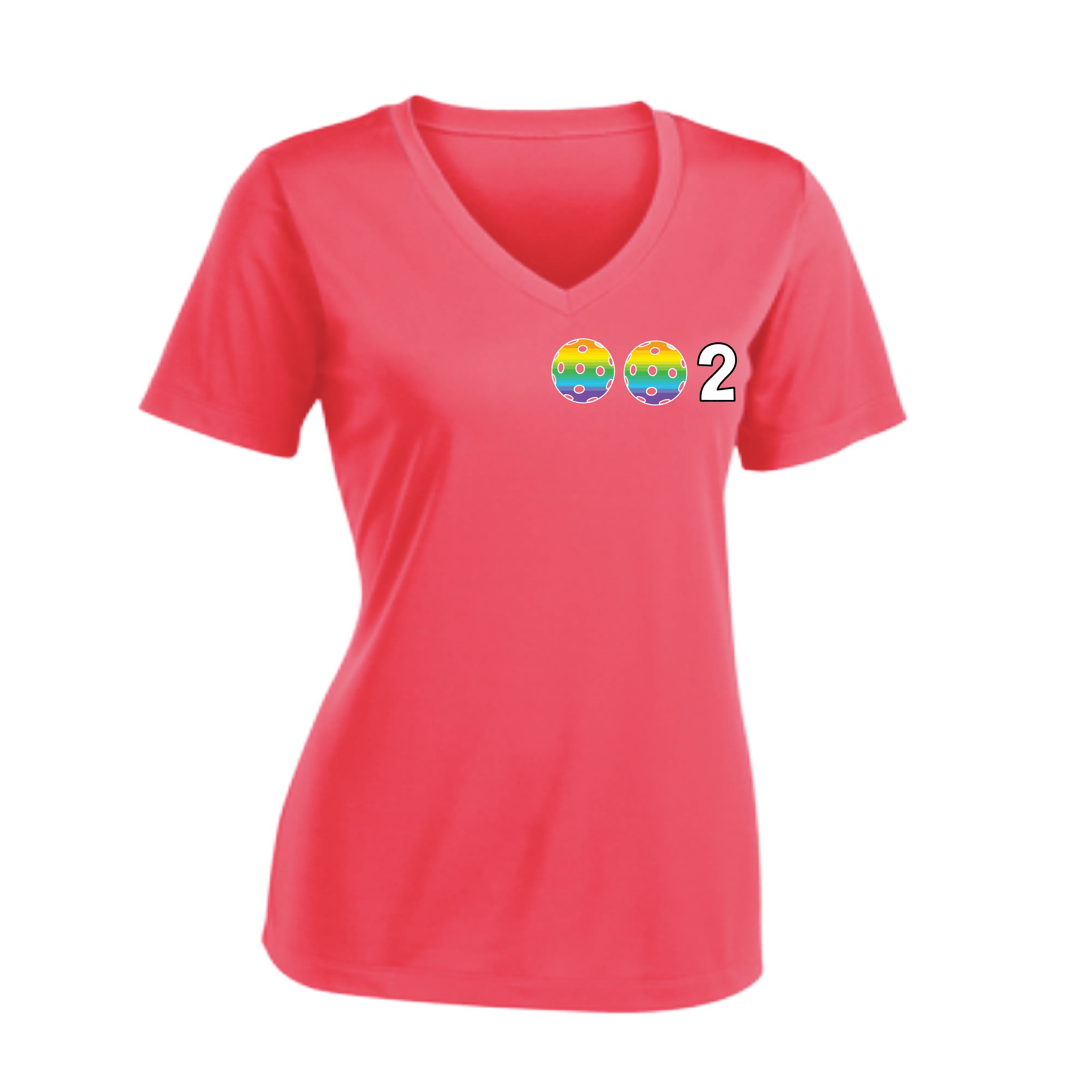 002 With Pickleballs (Colors Rainbow Red Cyan) Customizable | Women's Short Sleeve V-Neck Pickleball Shirts | 100% Polyester