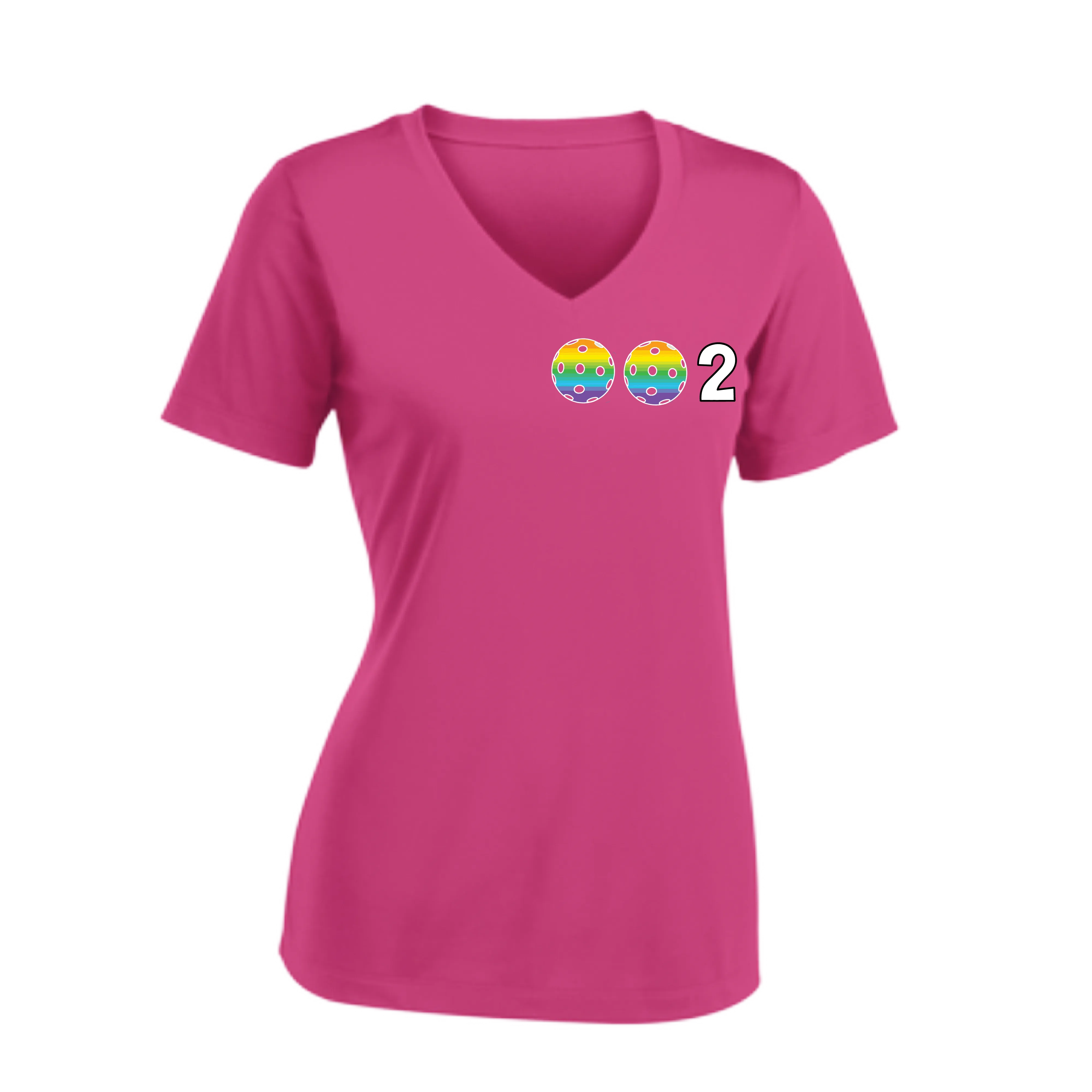 002 With Pickleballs (Colors Rainbow Red Cyan) Customizable | Women's Short Sleeve V-Neck Pickleball Shirts | 100% Polyester