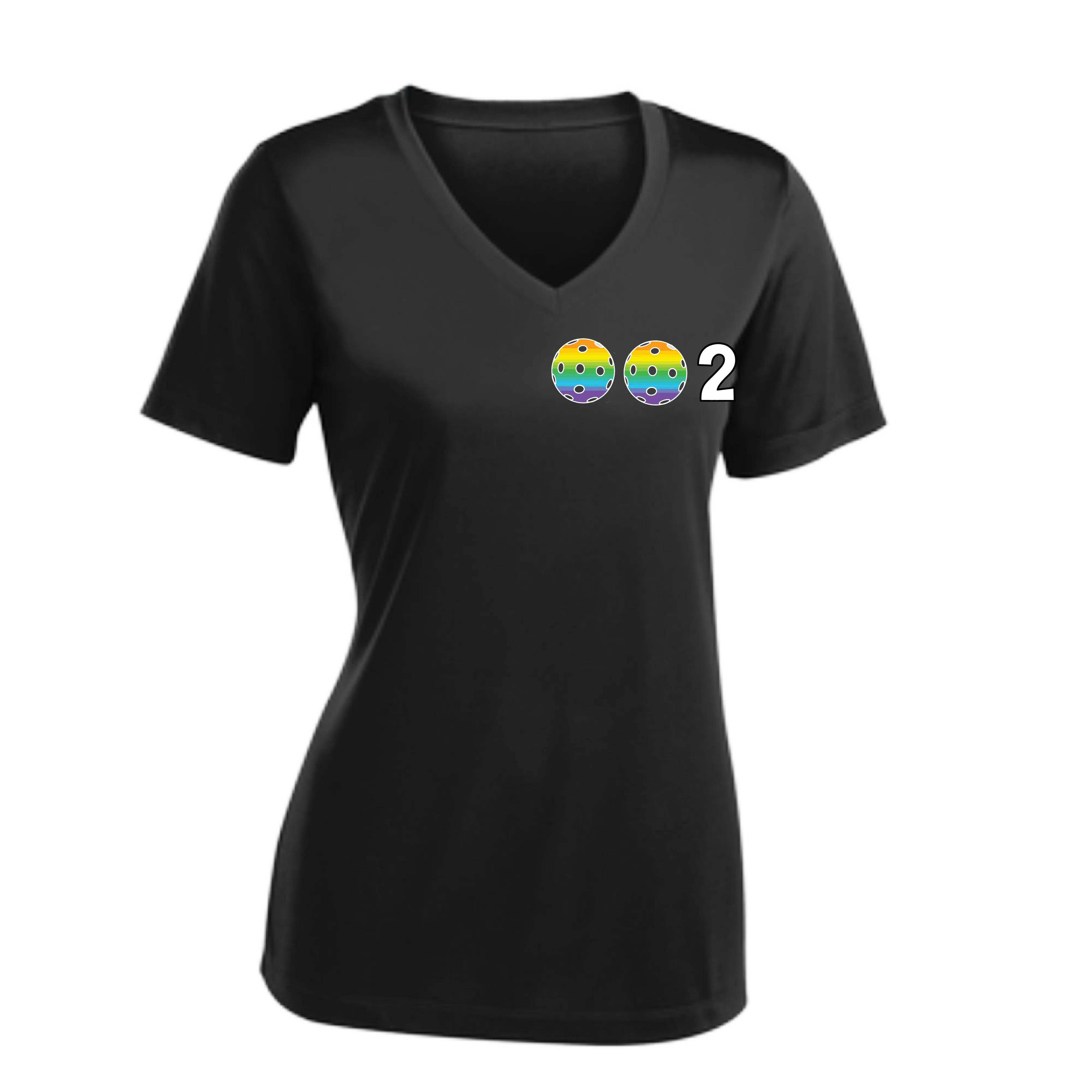 002 With Pickleballs (Colors Rainbow Red Cyan) Customizable | Women's Short Sleeve V-Neck Pickleball Shirts | 100% Polyester