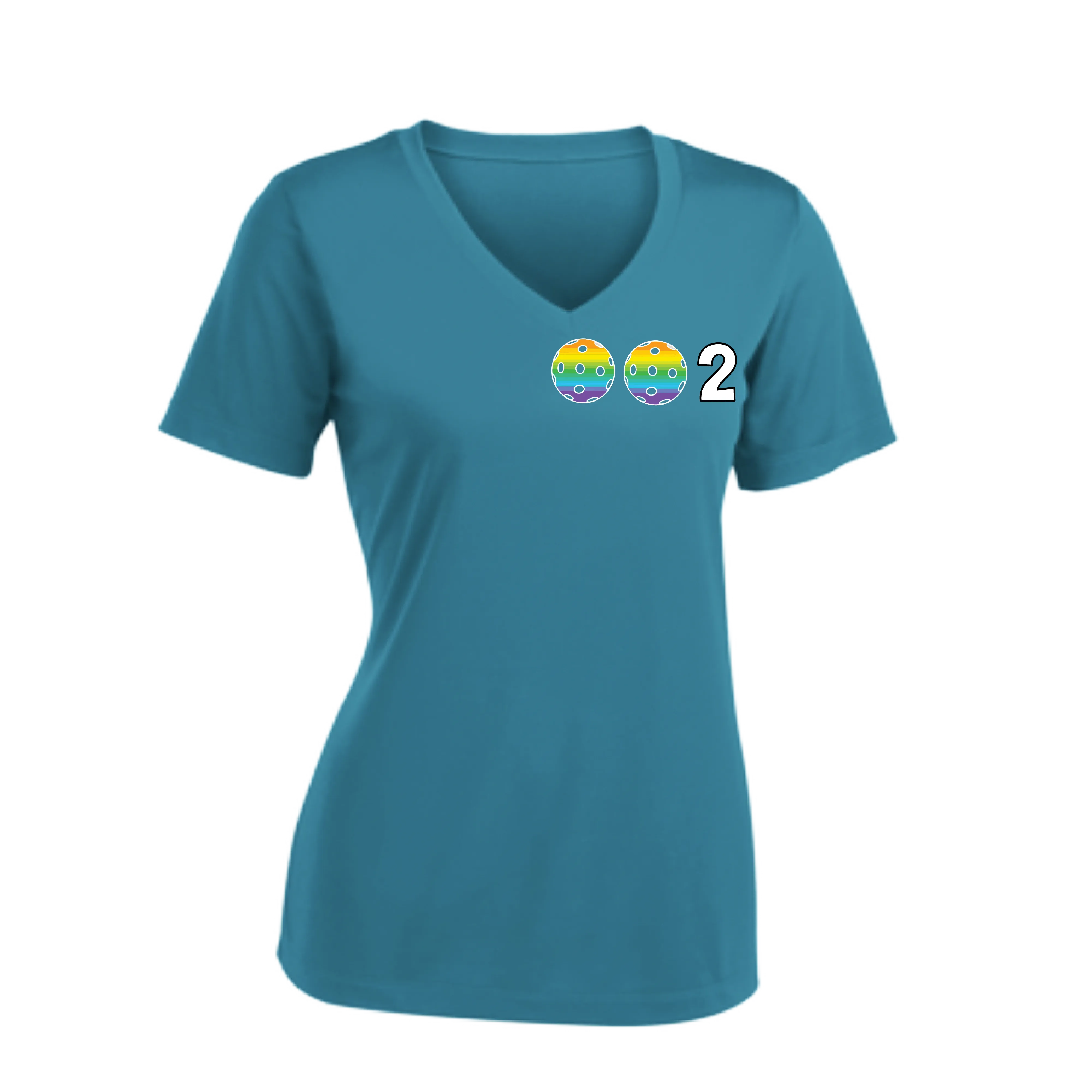 002 With Pickleballs (Colors Rainbow Red Cyan) Customizable | Women's Short Sleeve V-Neck Pickleball Shirts | 100% Polyester