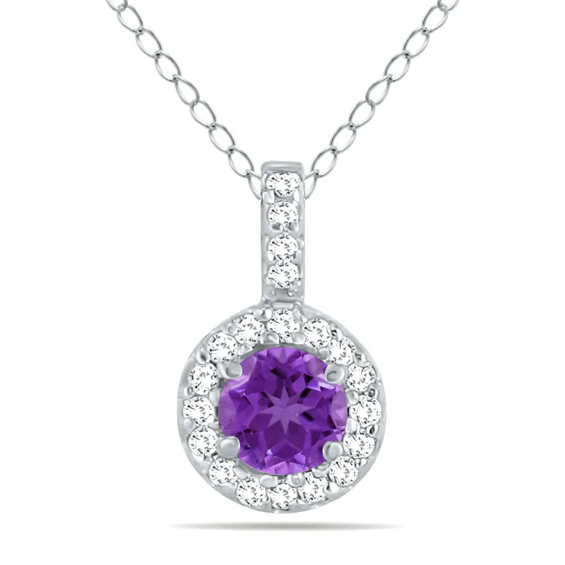 1/2 Carat Tw Halo Amethyst And Diamond Pendant In 10K White Gold