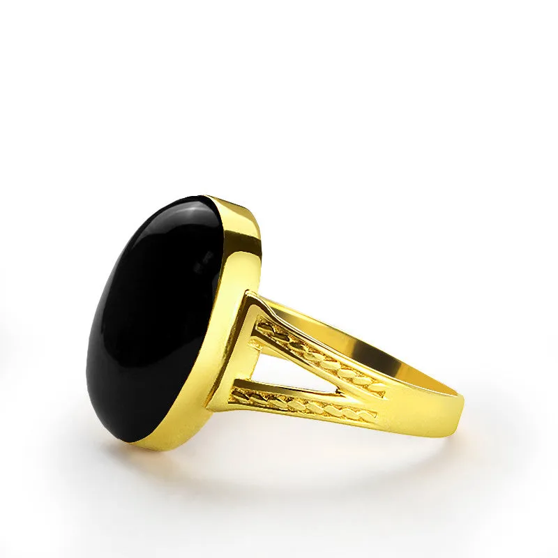 14k Solid Gold Men's Ring with Natural Black Onyx Stone