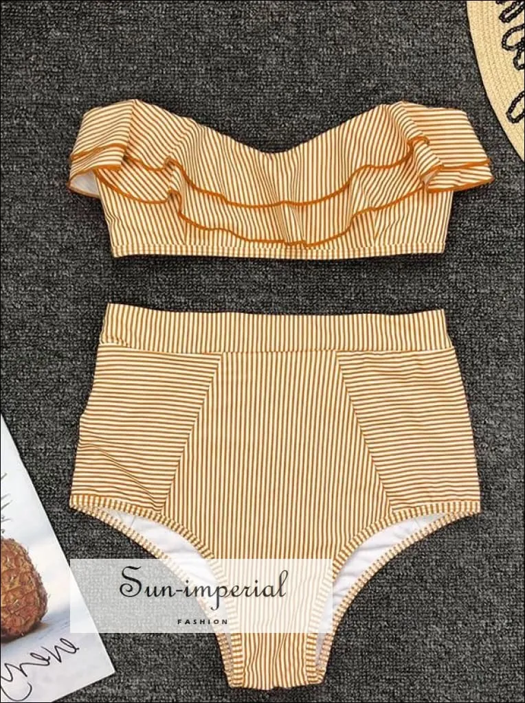 2 Piece Swimsuit Heart Print Bikini High Waisted Tie front bottom - Yelow