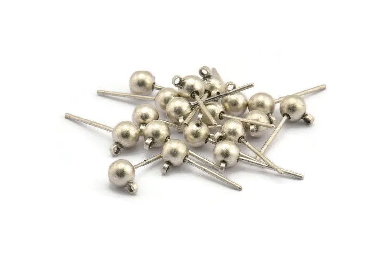 24 Earring Posts with Antique Silver Plated Brass Ball Pad and 5 mm Hole Hook   A0394