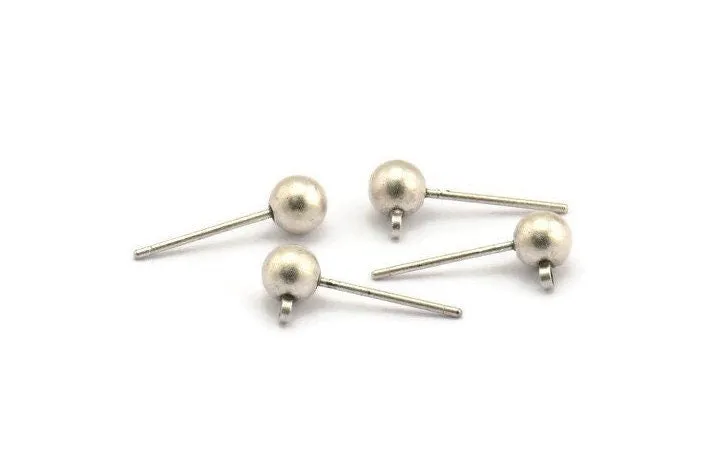 24 Earring Posts with Antique Silver Plated Brass Ball Pad and 5 mm Hole Hook   A0394