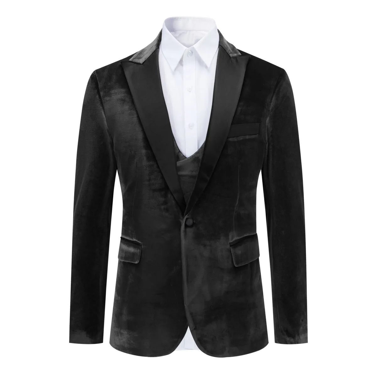 3-Piece Lapel One Button Velvet Tuxedo Suit Black