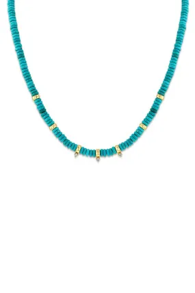 3 Prong Diamond Turquoise Rondelle Bead Necklace