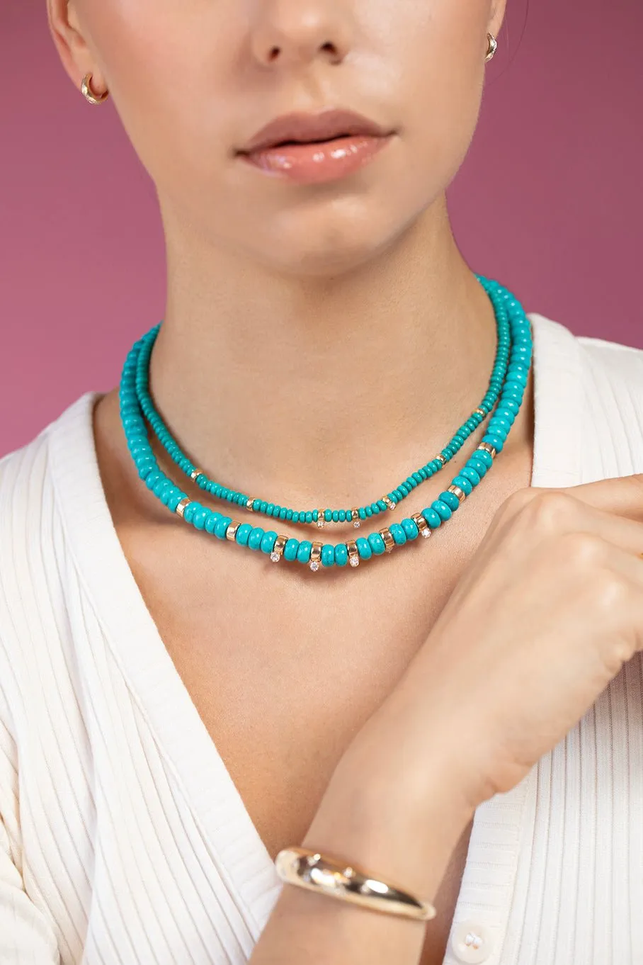 3 Prong Diamond Turquoise Rondelle Bead Necklace