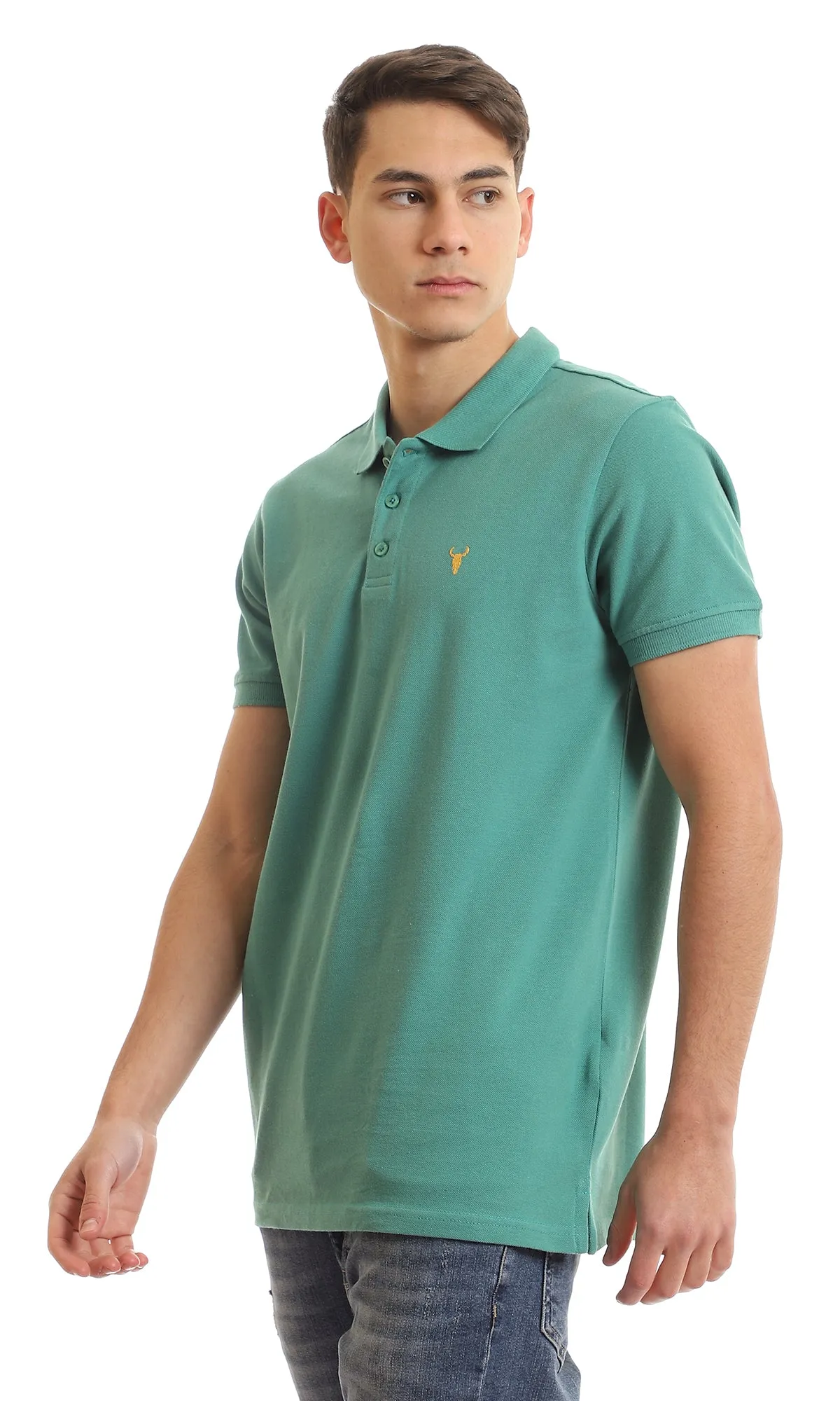 97899 Upper Buttoned Cotton Pique Polo Shirt - Dark Aquamarine Green