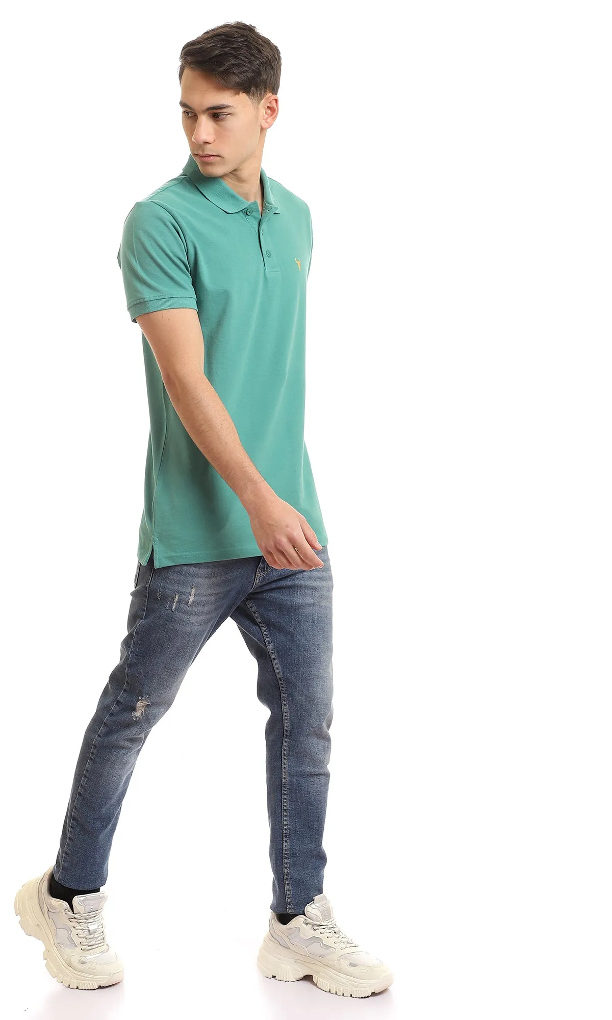 97899 Upper Buttoned Cotton Pique Polo Shirt - Dark Aquamarine Green