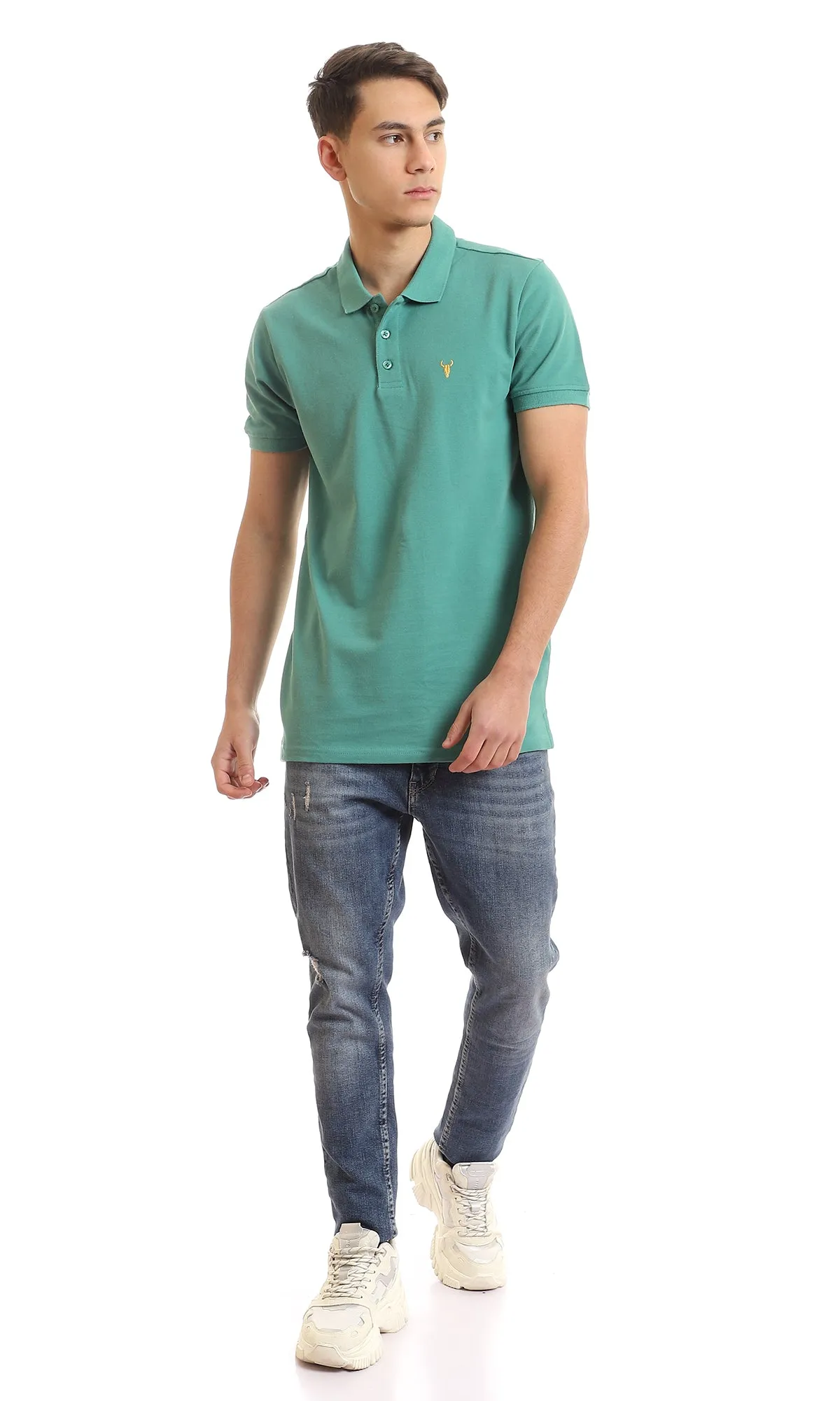 97899 Upper Buttoned Cotton Pique Polo Shirt - Dark Aquamarine Green