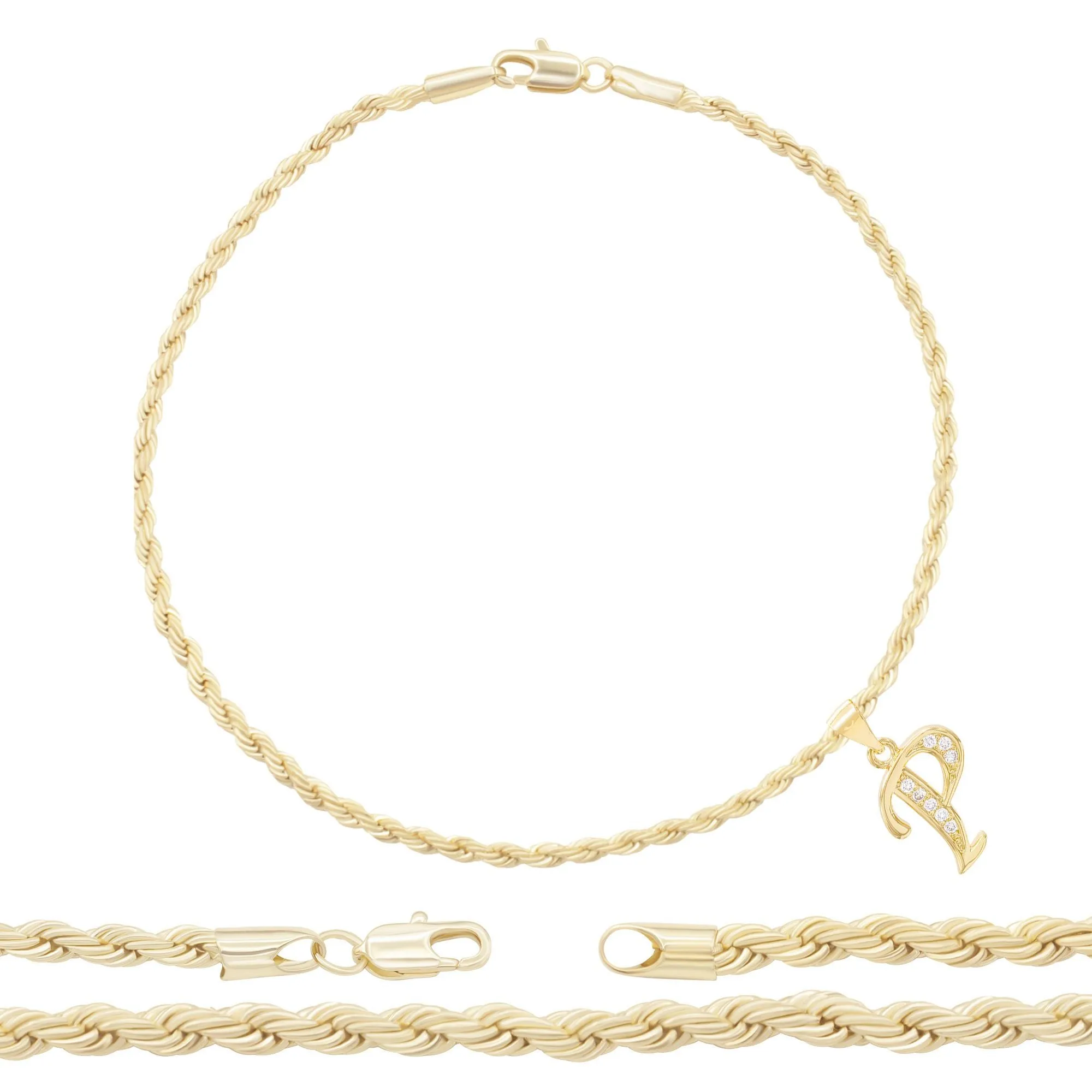 A-Z Initial Letter Pendant 14K Gold Filled Cubic Zirconia Rope Chain Anklet 10" Set CZ Charm Foot Bracelet 2.4 mm Female Women Girl