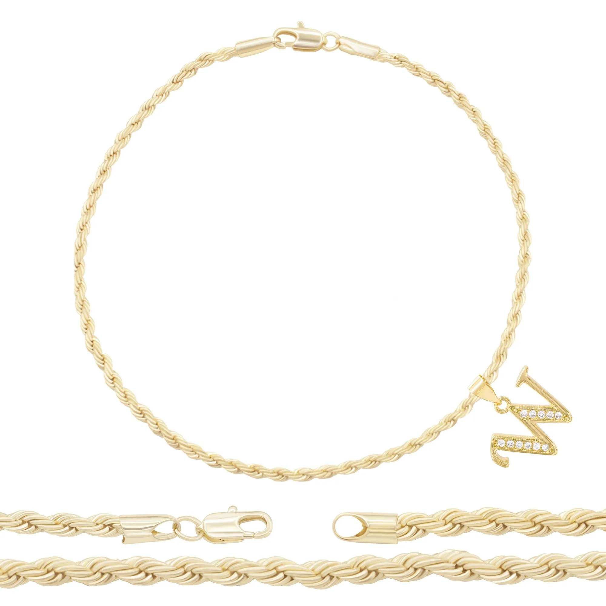 A-Z Initial Letter Pendant 14K Gold Filled Cubic Zirconia Rope Chain Anklet 10" Set CZ Charm Foot Bracelet 2.4 mm Female Women Girl