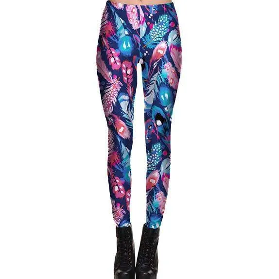 Abstract Feather Digital Print Legging Pants in Pink Blue and Purple