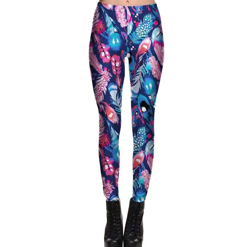 Abstract Feather Digital Print Legging Pants in Pink Blue and Purple