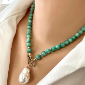 African Amazonite & Baroque Pearl Necklace, Gold Filled & Gold Bronze, 18.5in