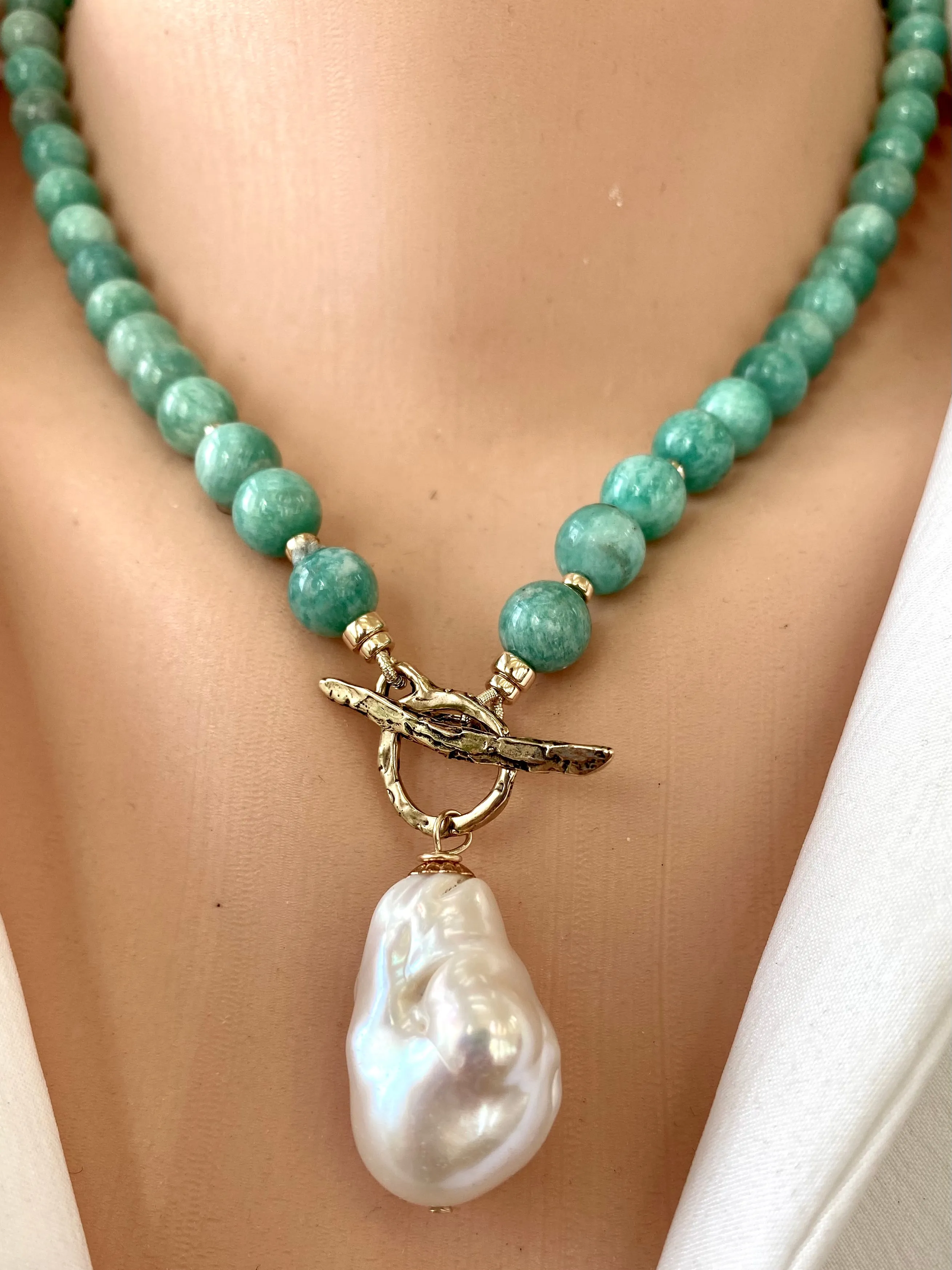 African Amazonite & Baroque Pearl Necklace, Gold Filled & Gold Bronze, 18.5in