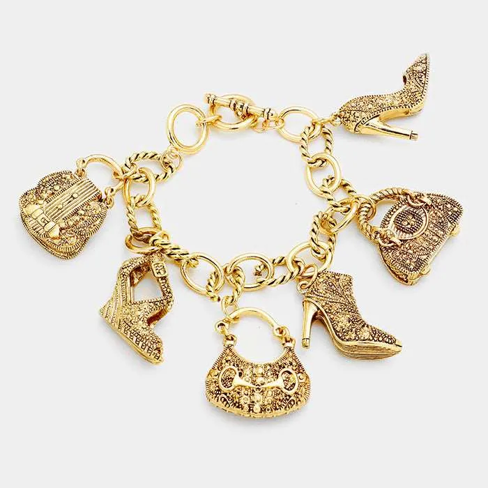 Antique Gold Multi Handbag & Heel Charm Station Bracelet for Women