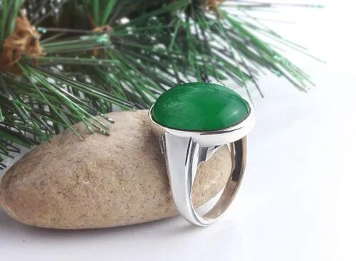 ArtDeco Vintage Style Men's Green Agate Ring in Solid Real 10k White Gold