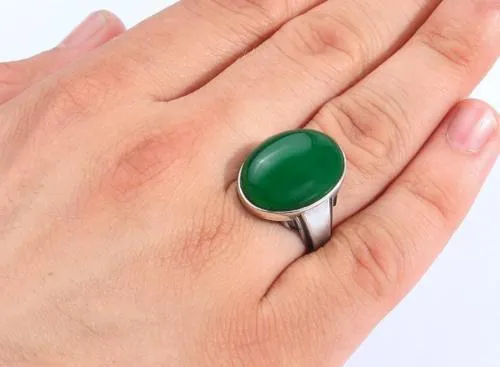 ArtDeco Vintage Style Men's Green Agate Ring in Solid Real 10k White Gold