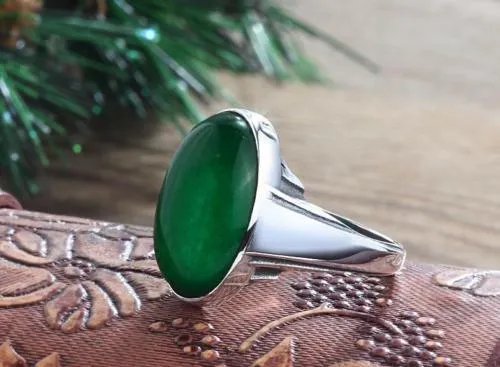 ArtDeco Vintage Style Men's Green Agate Ring in Solid Real 10k White Gold