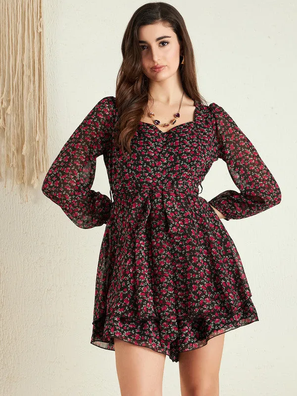 Berrylush Women Black & Red Floral Printed Sweetheart Neck Puff Sleeves Tie-Up Waist Layered Mini Jumpsuit