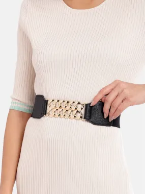 Berrylush Women Black Elastic Strap Two Chain Buckle Belt