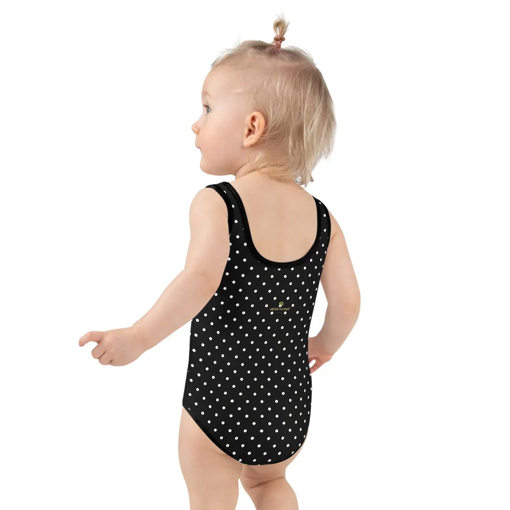 Black Dotted Kids Swimsuit, White Polka Dots Classic Girl's Best Swimwear-Made in USA/EU