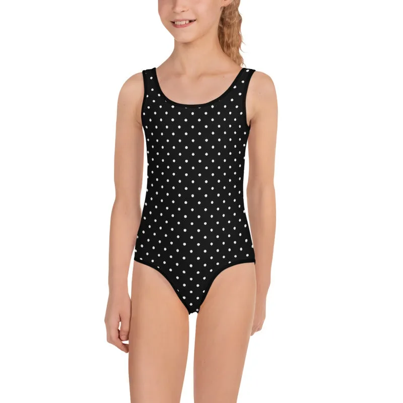 Black Dotted Kids Swimsuit, White Polka Dots Classic Girl's Best Swimwear-Made in USA/EU