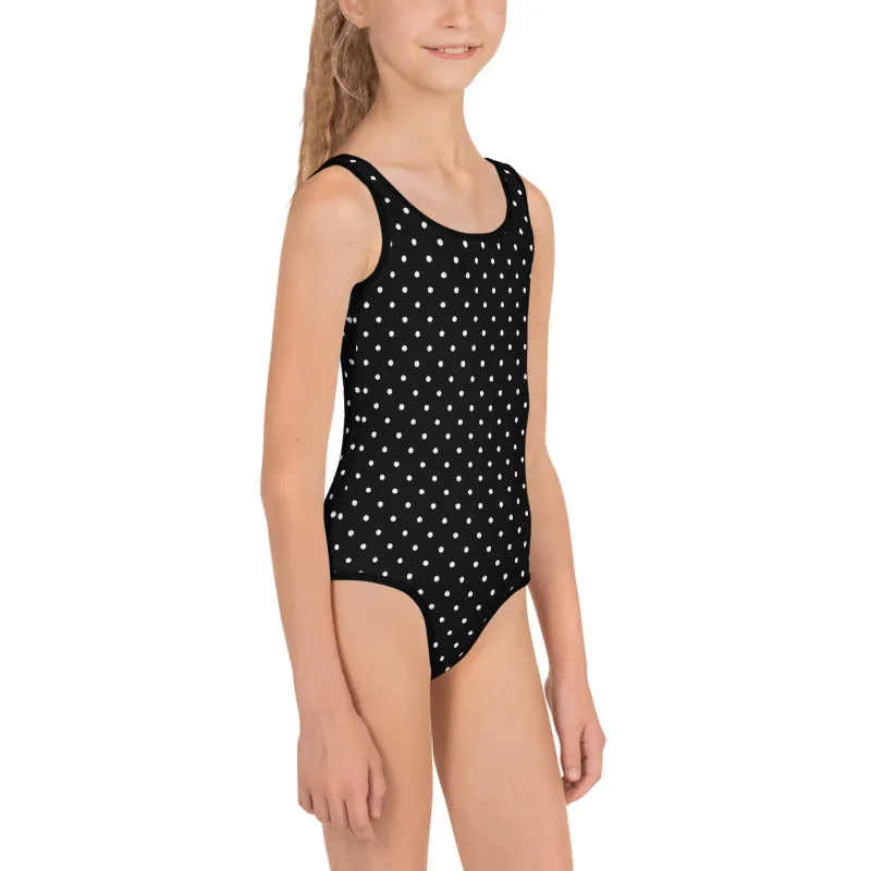 Black Dotted Kids Swimsuit, White Polka Dots Classic Girl's Best Swimwear-Made in USA/EU