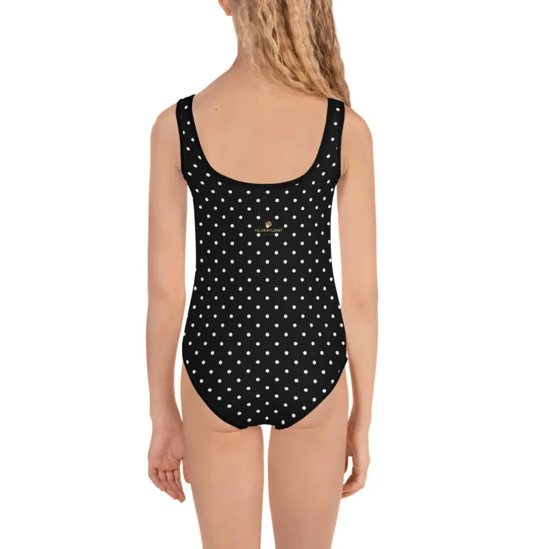 Black Dotted Kids Swimsuit, White Polka Dots Classic Girl's Best Swimwear-Made in USA/EU