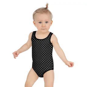 Black Dotted Kids Swimsuit, White Polka Dots Classic Girl's Best Swimwear-Made in USA/EU