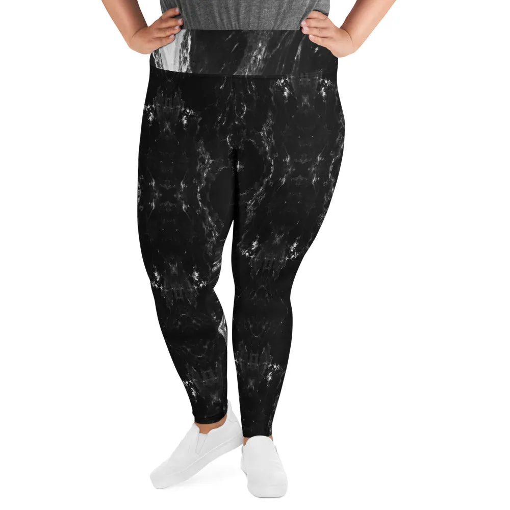 Black Marble Plus Size Leggings, Marbled Print Abstract Women's Yoga Pants-Made in USA/EU