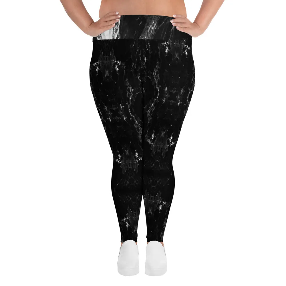 Black Marble Plus Size Leggings, Marbled Print Abstract Women's Yoga Pants-Made in USA/EU