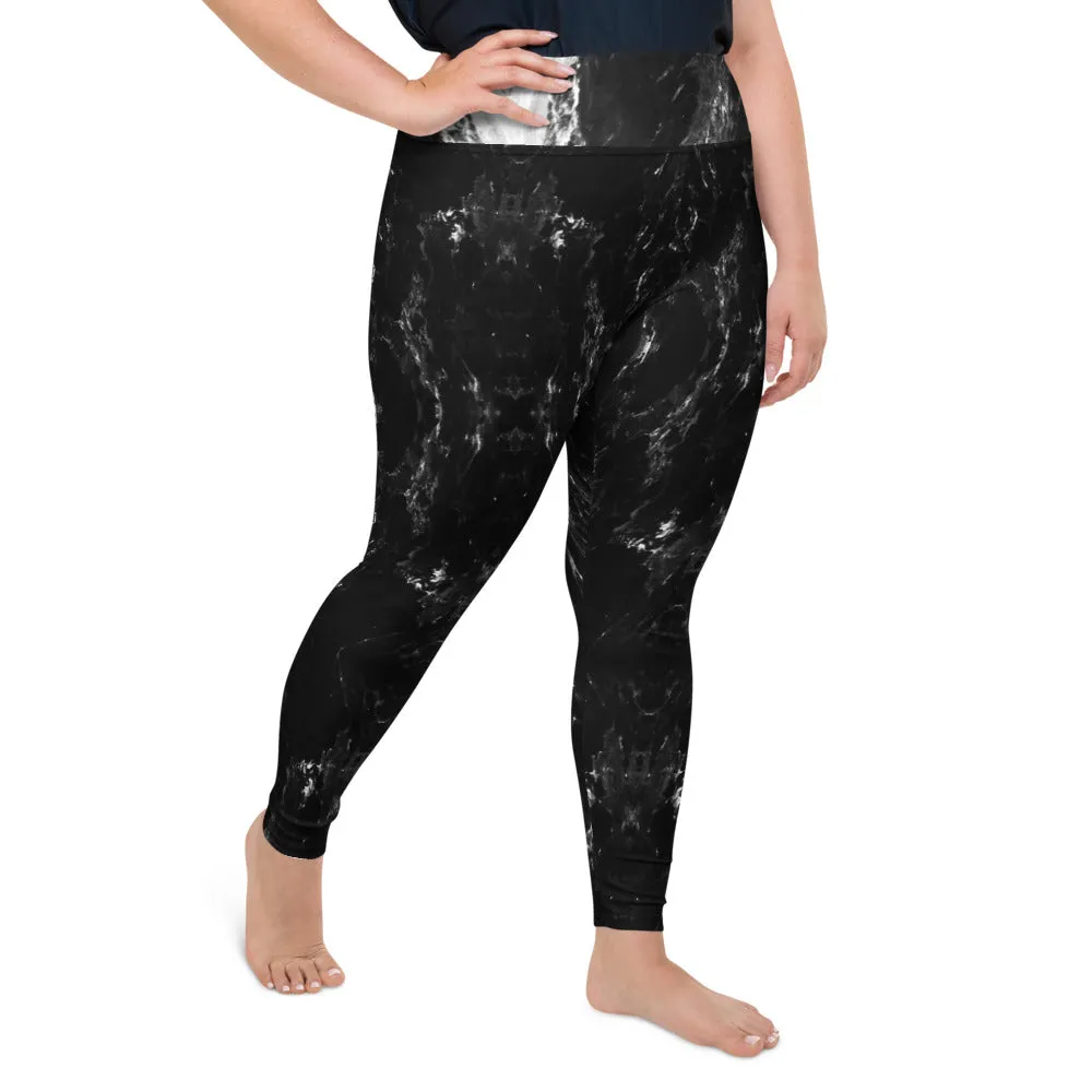 Black Marble Plus Size Leggings, Marbled Print Abstract Women's Yoga Pants-Made in USA/EU