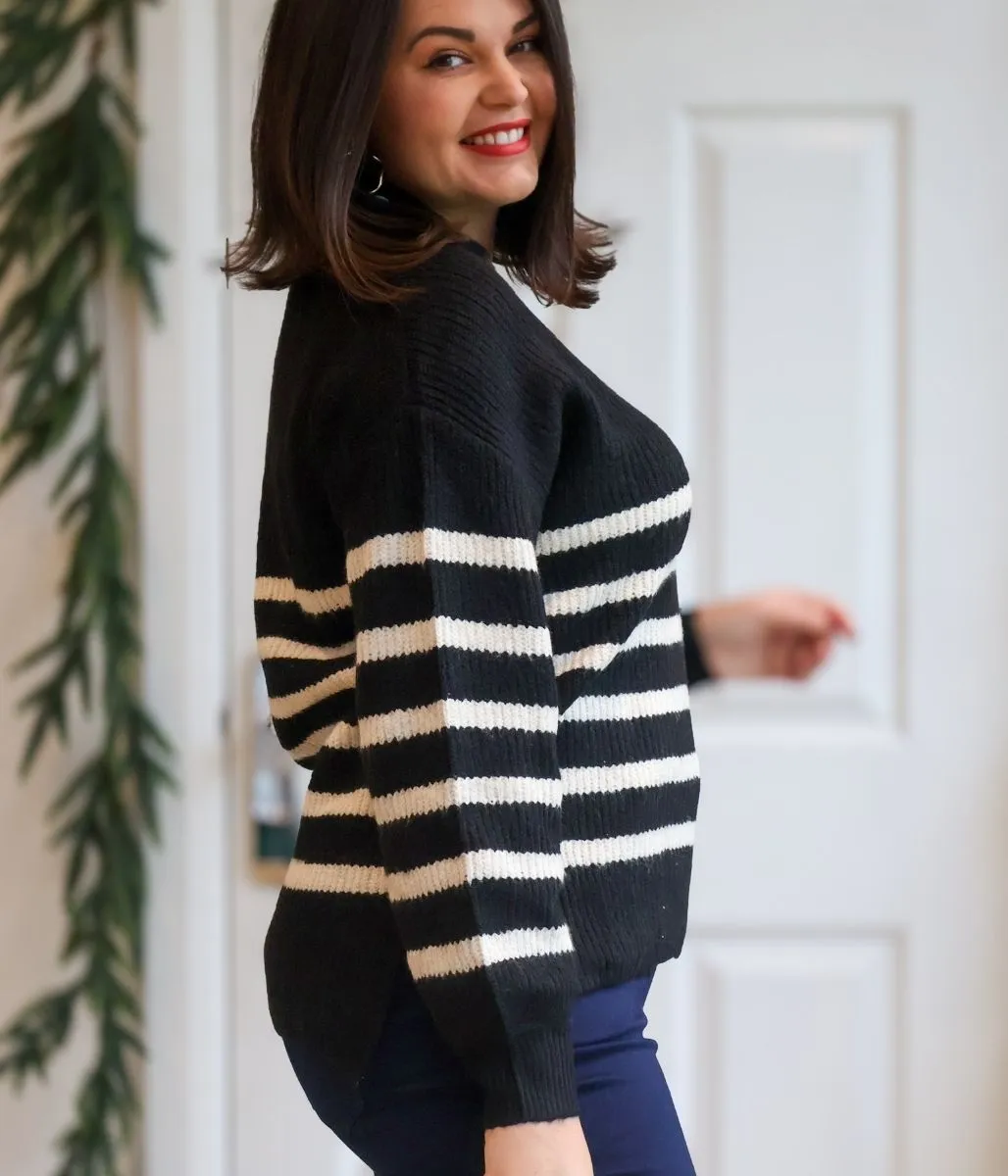 Black Striped Notch Neck Collared Jumper