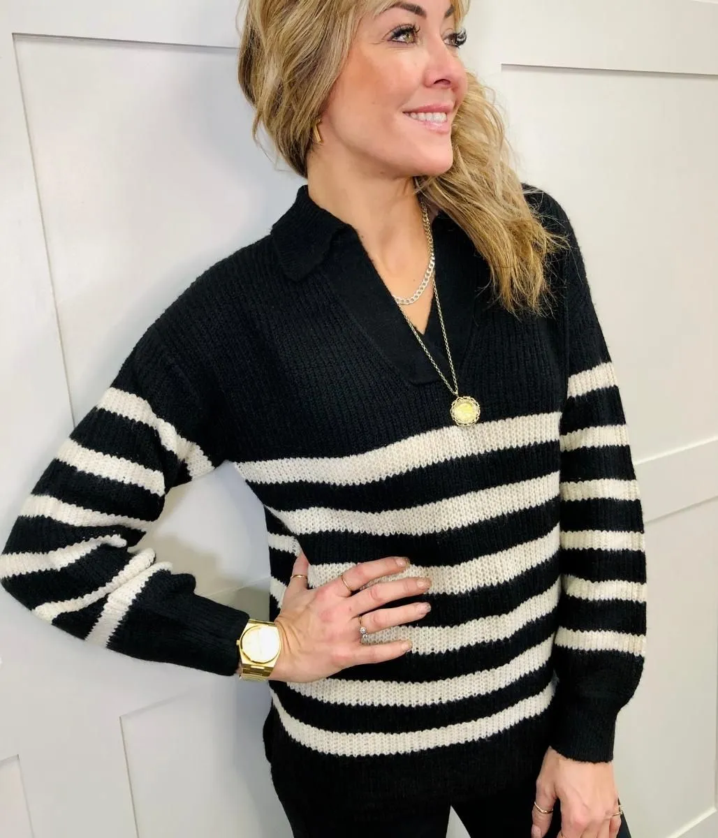 Black Striped Notch Neck Collared Jumper