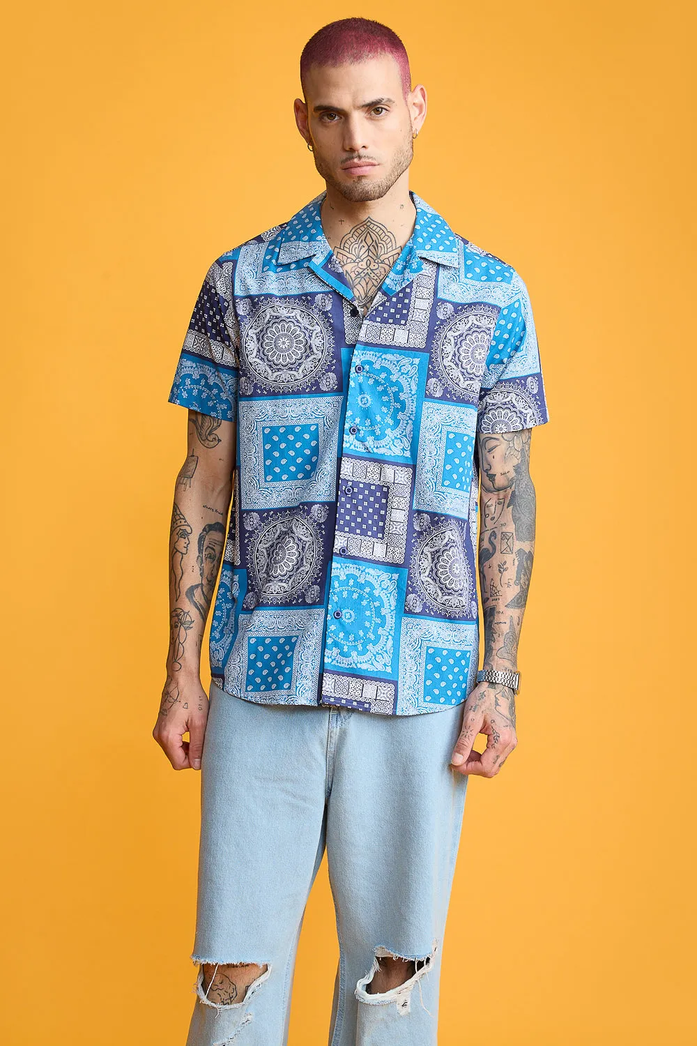 Blue Bandana Print Men's Resort Shirt