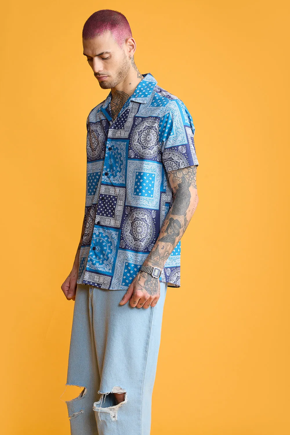 Blue Bandana Print Men's Resort Shirt