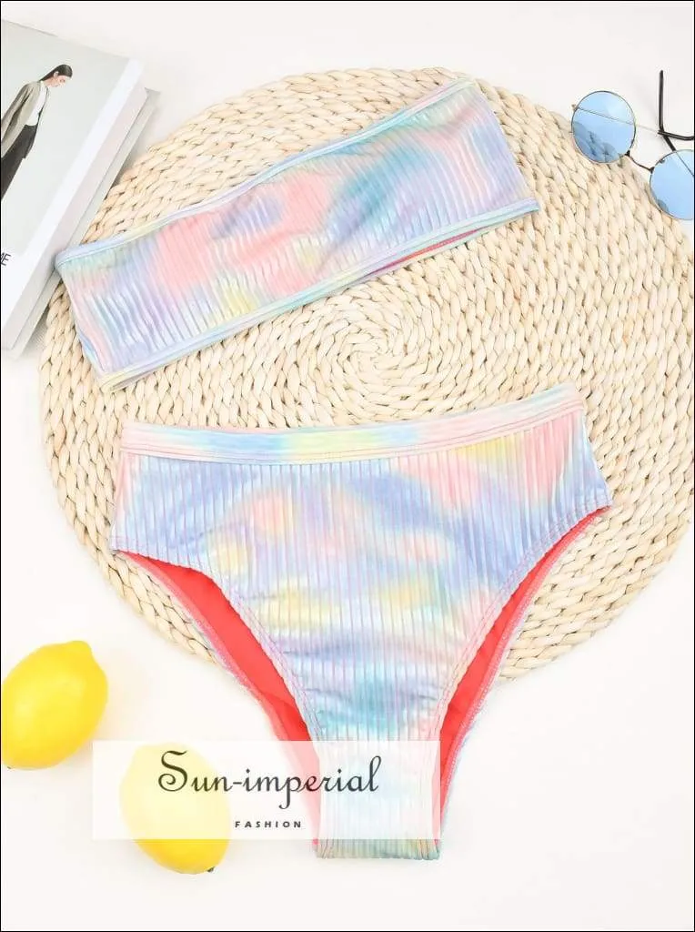 Blue Color Shimmer Tie Dye High Waist Bikini Tube Set