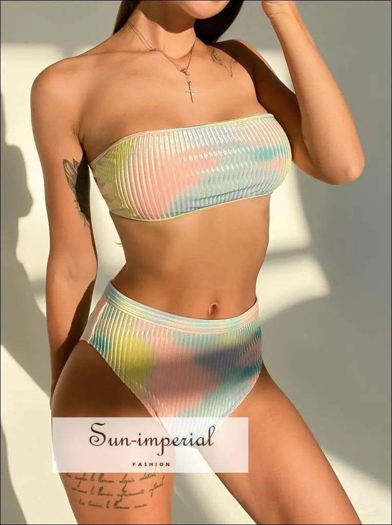 Blue Color Shimmer Tie Dye High Waist Bikini Tube Set