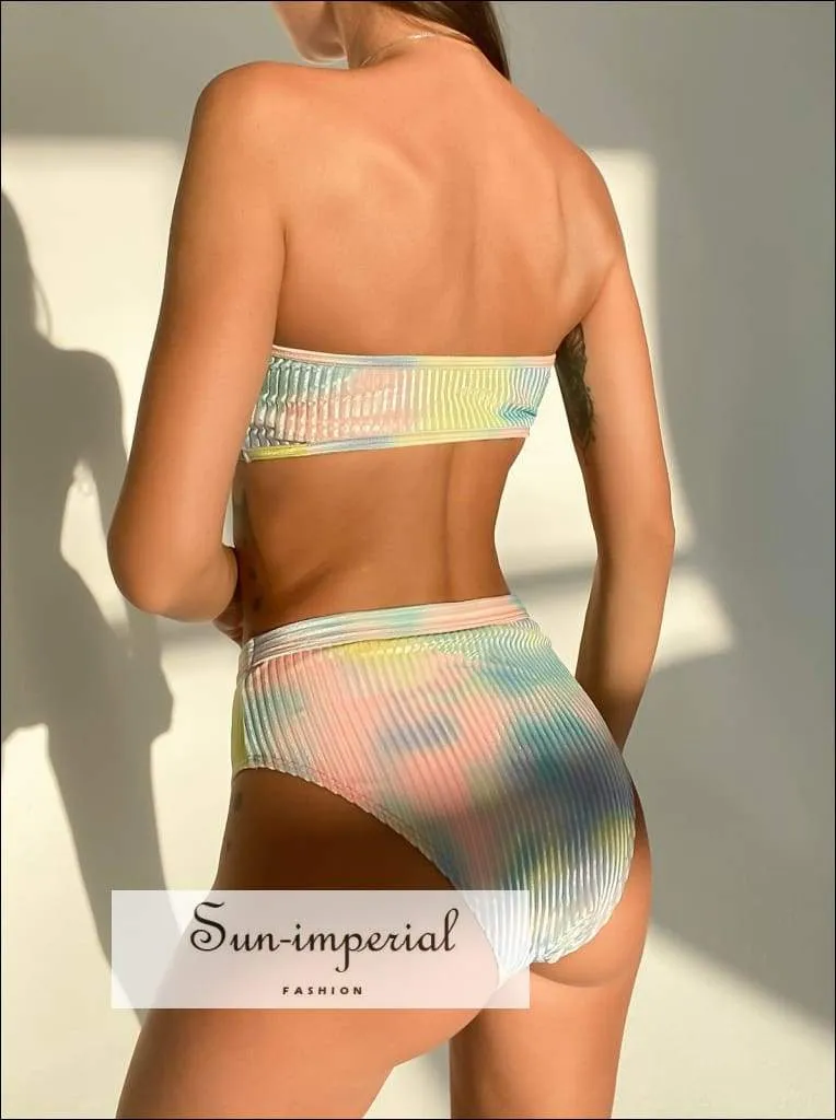 Blue Color Shimmer Tie Dye High Waist Bikini Tube Set