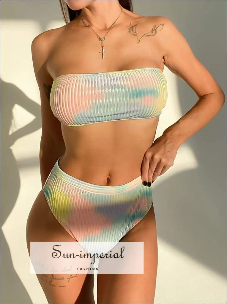 Blue Color Shimmer Tie Dye High Waist Bikini Tube Set