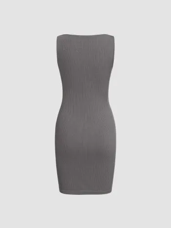 Boat neck solid sleeveless mini dress in grey