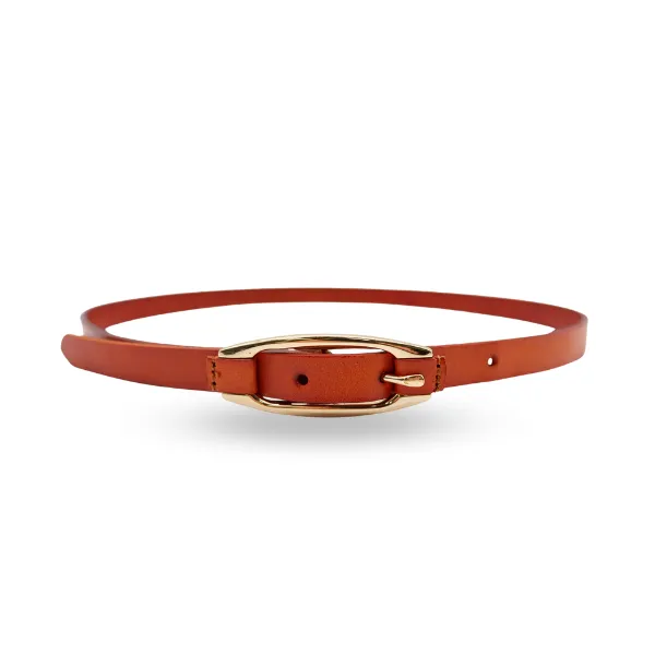 CADIA - Women's Tan Genuine Leather Skinny Belt with Oval Gold buckle