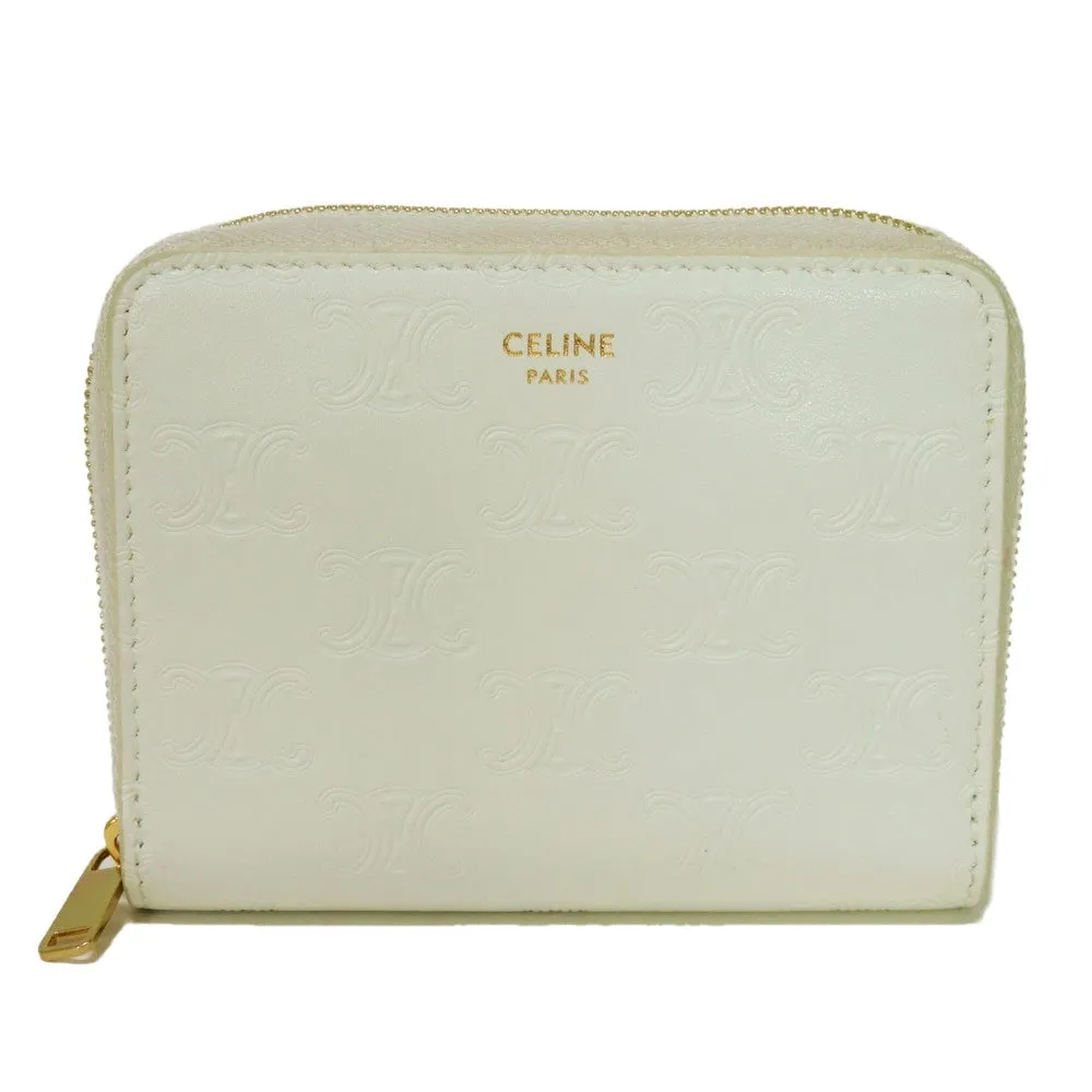 CELINE Coin case 10B663BFU.01BC Smooth calfskin (triomphe embossed) white Triomphe emboss small zip wallet Women(Unisex) Used Authentic