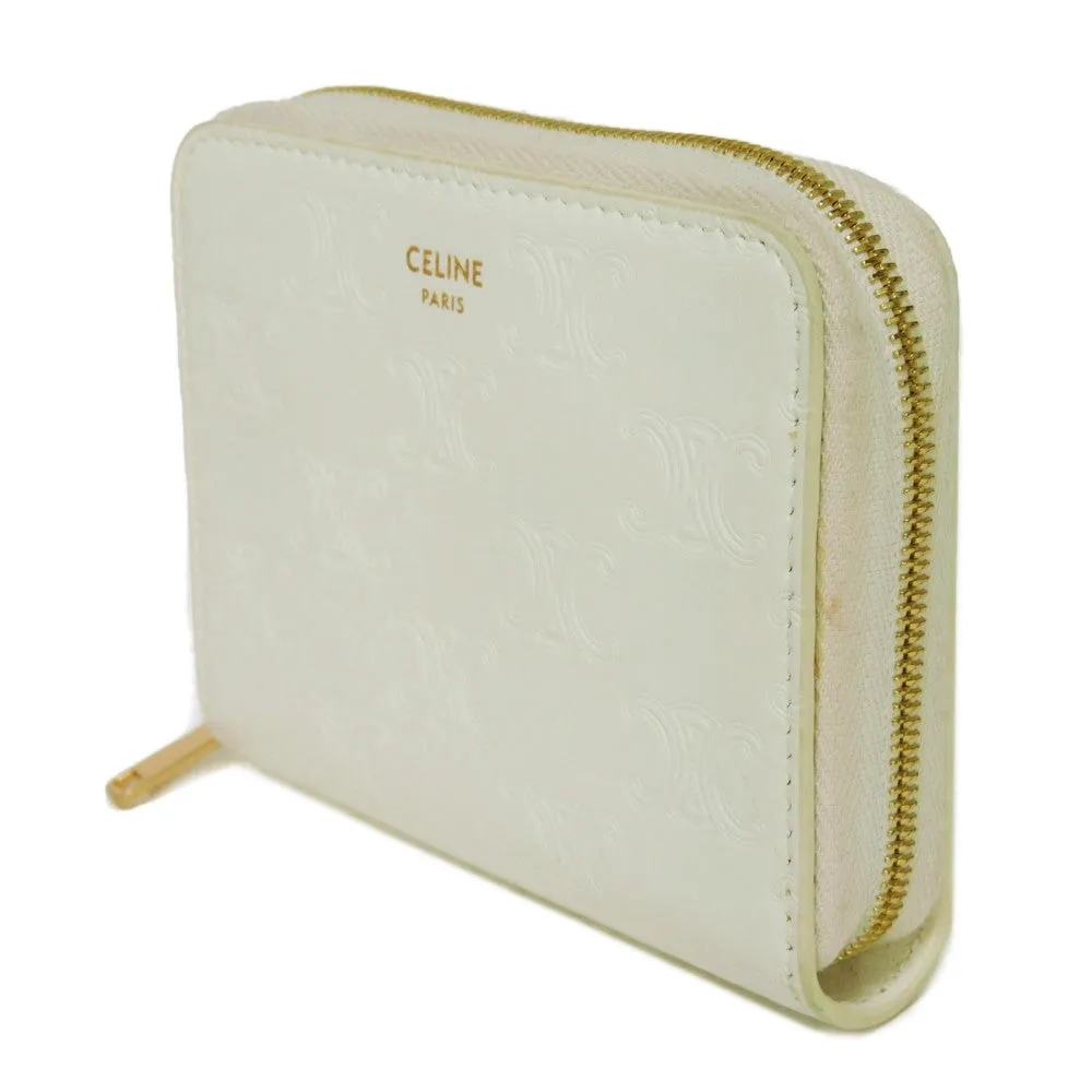 CELINE Coin case 10B663BFU.01BC Smooth calfskin (triomphe embossed) white Triomphe emboss small zip wallet Women(Unisex) Used Authentic